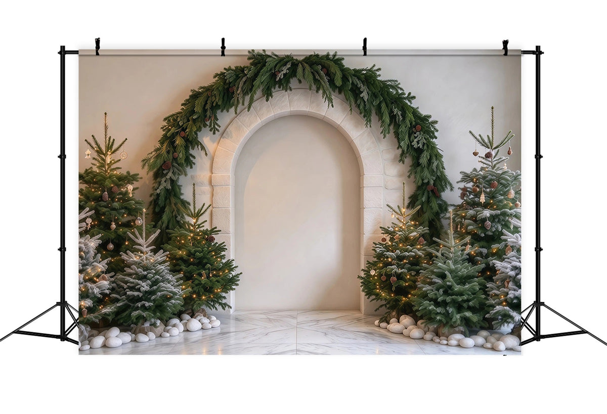 Weihnachtsbaum Fotohintergrund Immergrüner Girlanden Steinbogen RR610-151