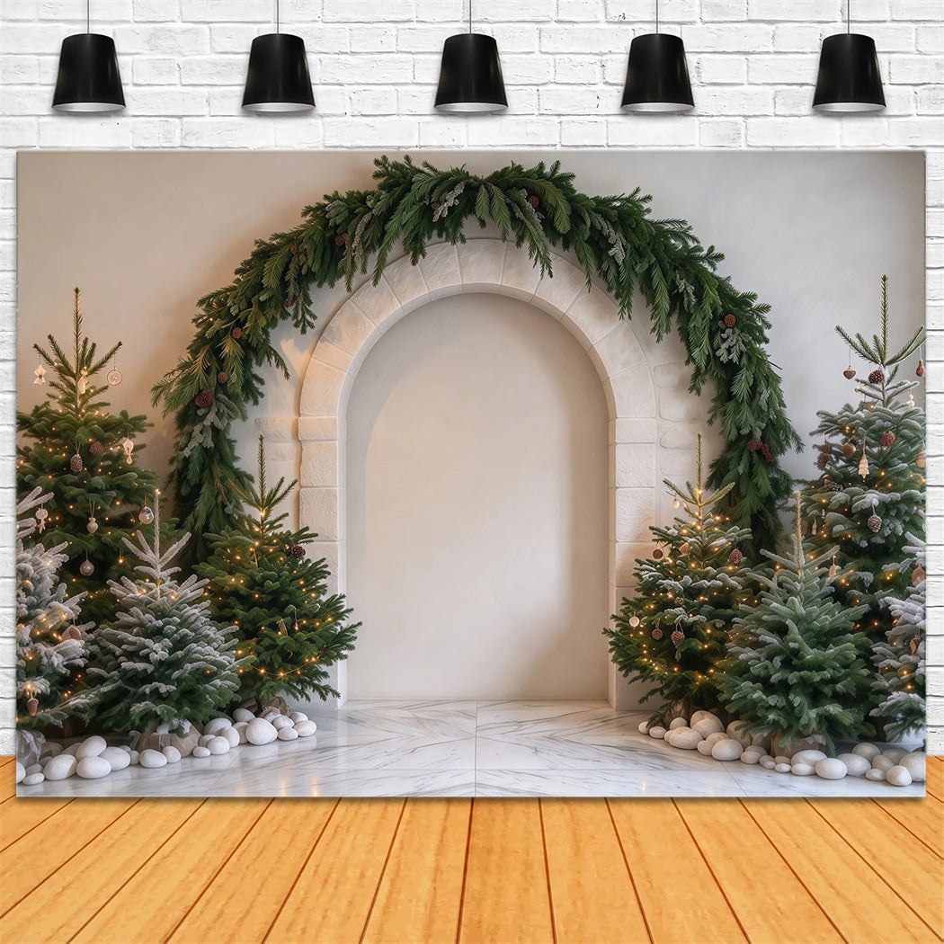 Weihnachtsbaum Fotohintergrund Immergrüner Girlanden Steinbogen RR610-151
