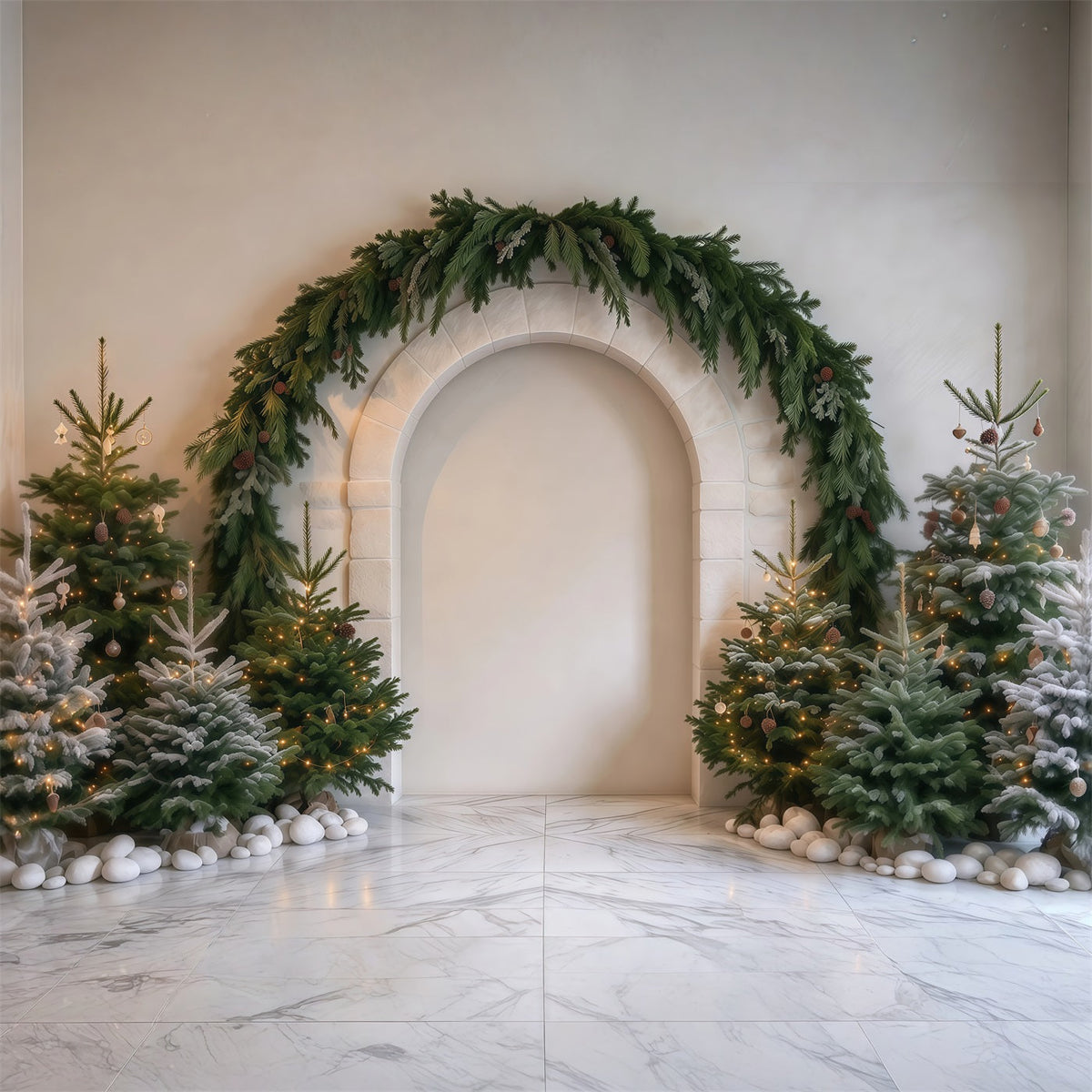 Weihnachtsbaum Fotohintergrund Immergrüner Girlanden Steinbogen RR610-151