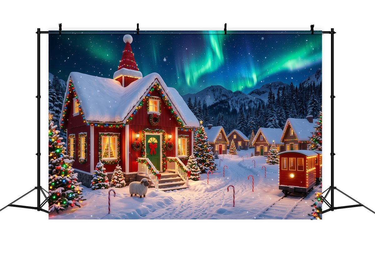 Weihnachtlicher Elfen Hintergrund Polarlicht Verschneites Dorf Lichter RR610-153