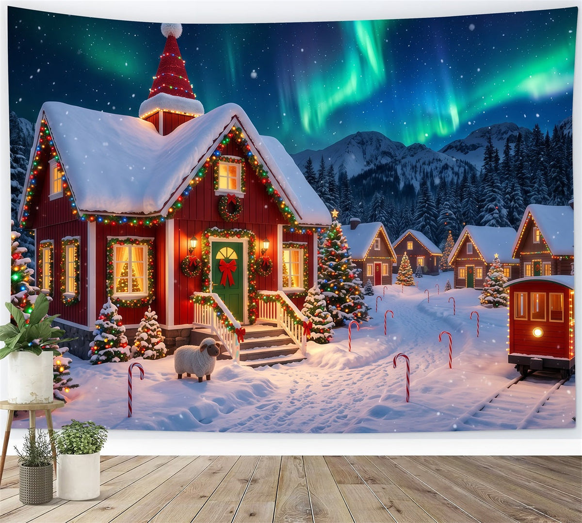 Weihnachtlicher Elfen Hintergrund Polarlicht Verschneites Dorf Lichter RR610-153