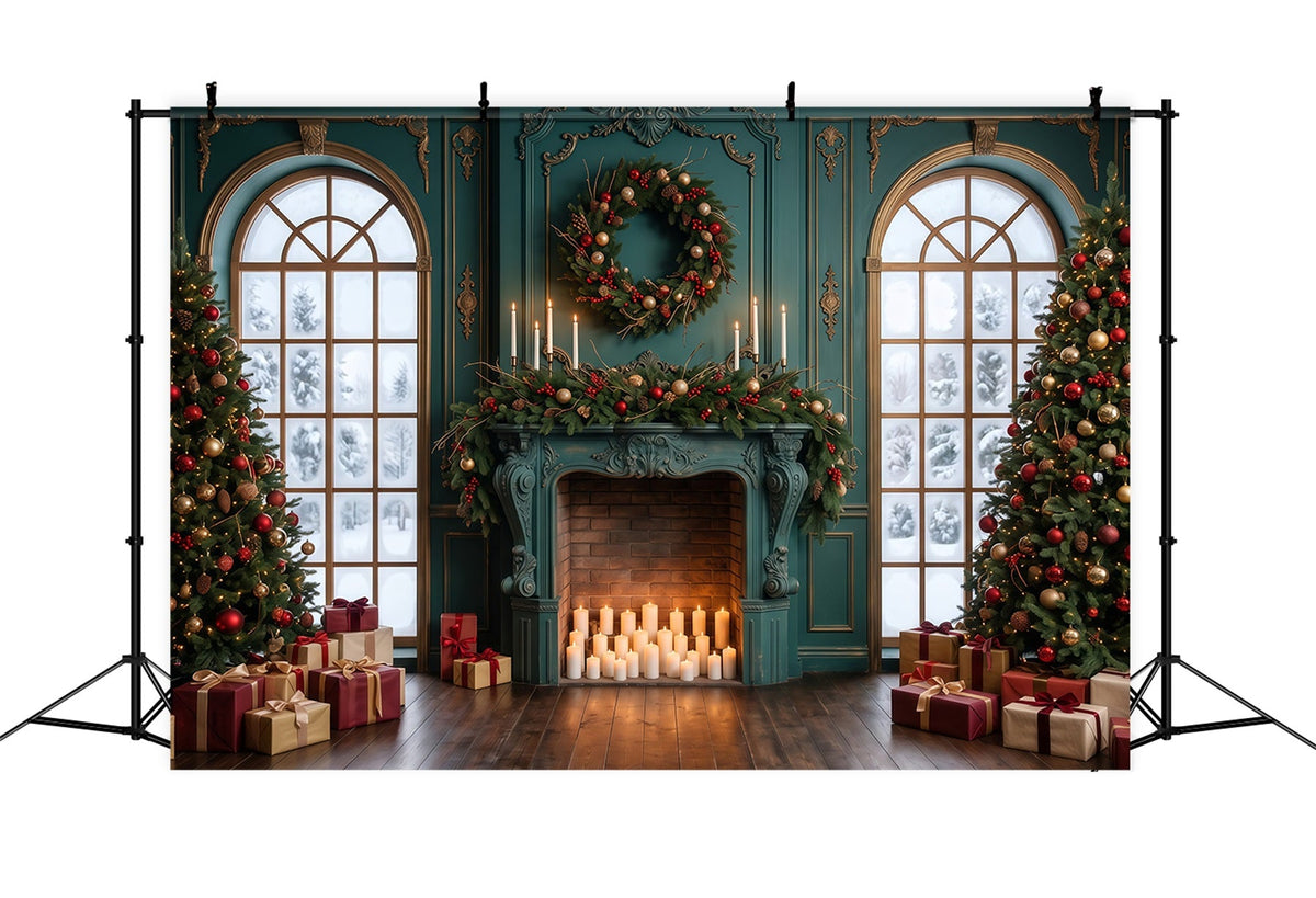 Weihnachtlicher Wohnzimmer Hintergrund Smaragdgrüner Kaminsims Kerzenlicht RR610-154