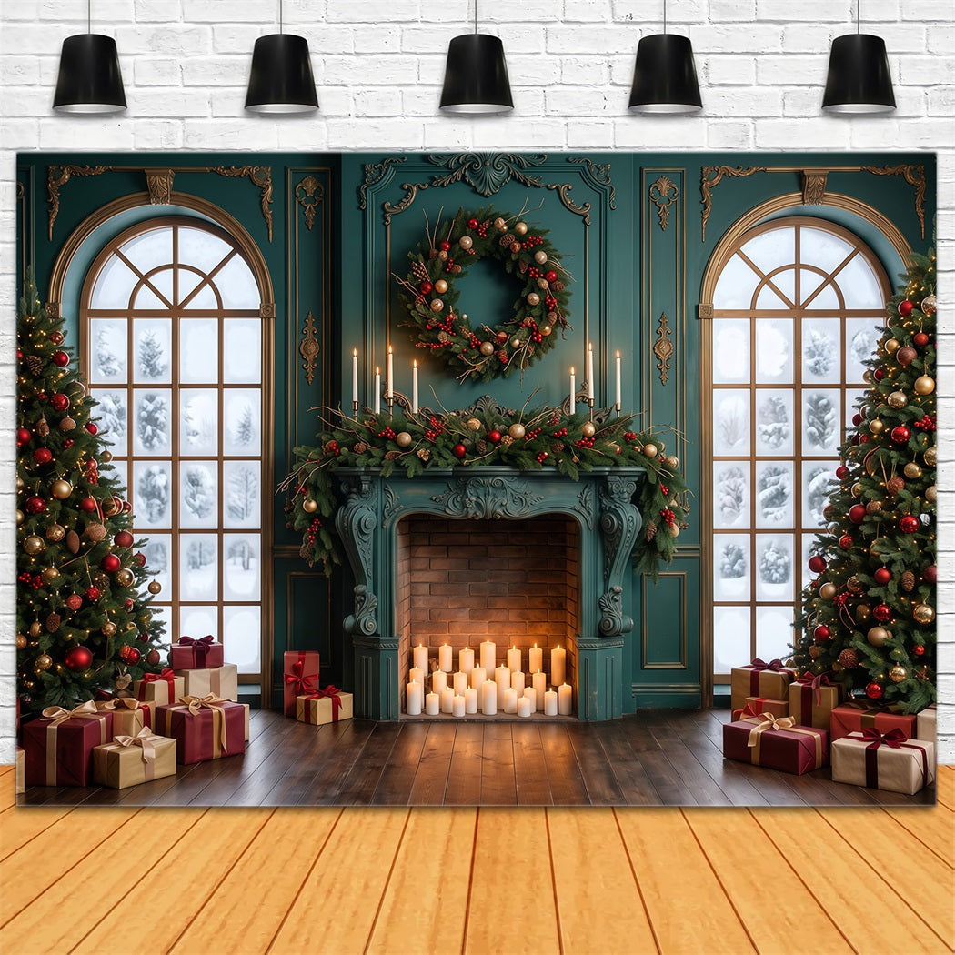 Weihnachtlicher Wohnzimmer Hintergrund Smaragdgrüner Kaminsims Kerzenlicht RR610-154
