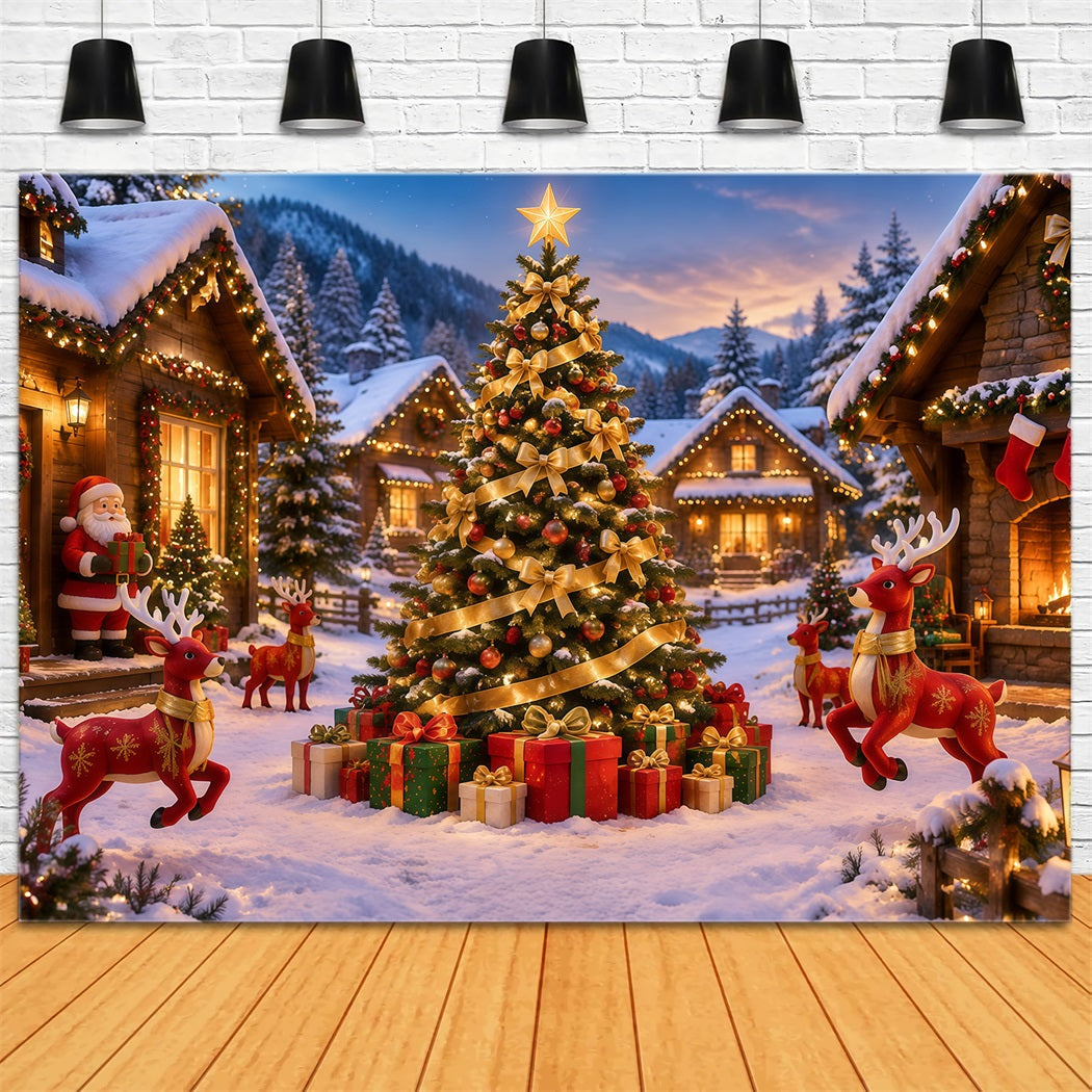 Retro Weihnachtshintergrund Goldene Schleife Verschneites Rentierdorf RR610-156