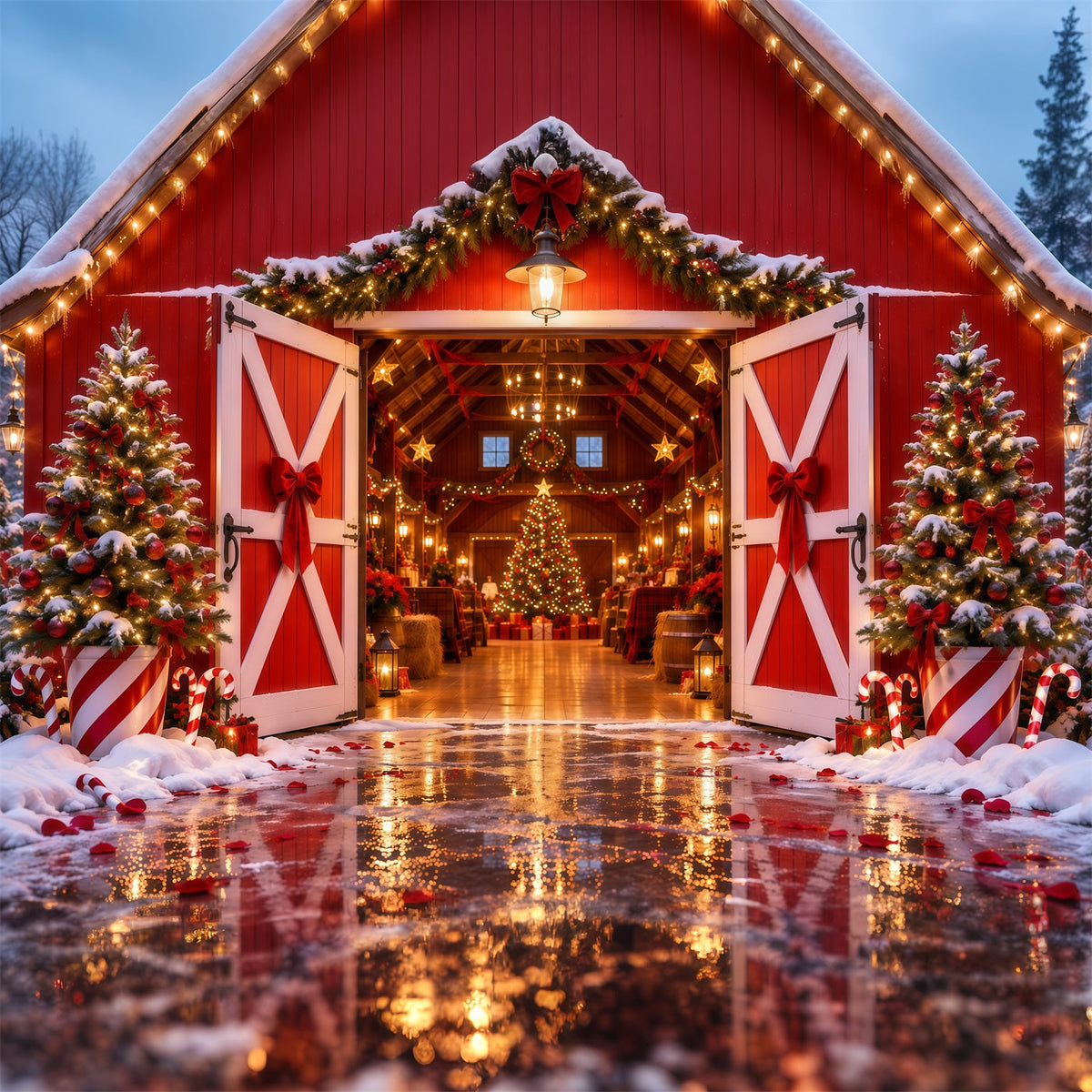 Weihnachtsbaumfarm Hintergrund Festlicher Roter Scheuneneingang RR610-163