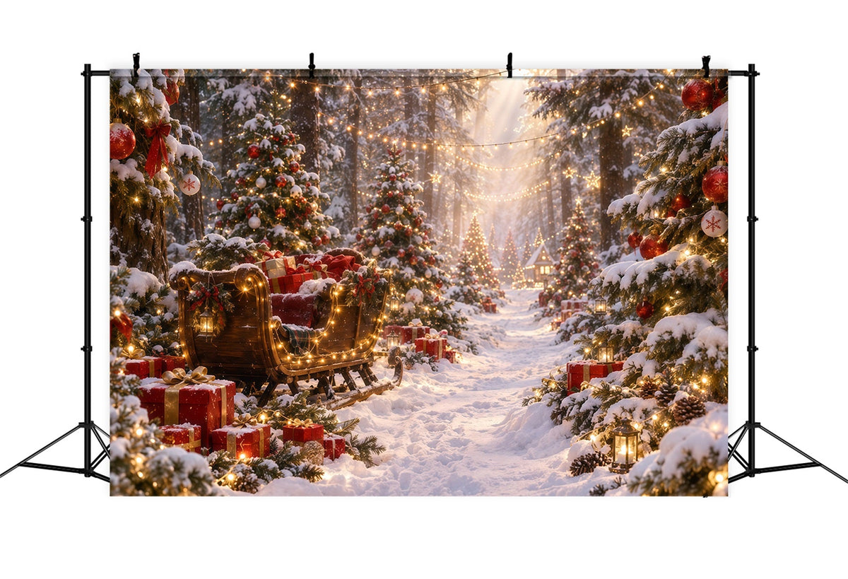 Weihnachtsbaum Hintergrund Leuchtender Schlitten Verschneiter Wald RR610-172