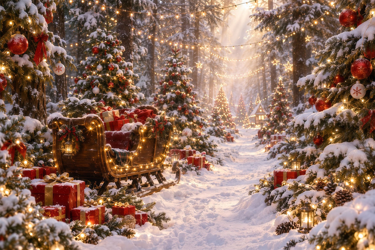 Weihnachtsbaum Hintergrund Leuchtender Schlitten Verschneiter Wald RR610-172