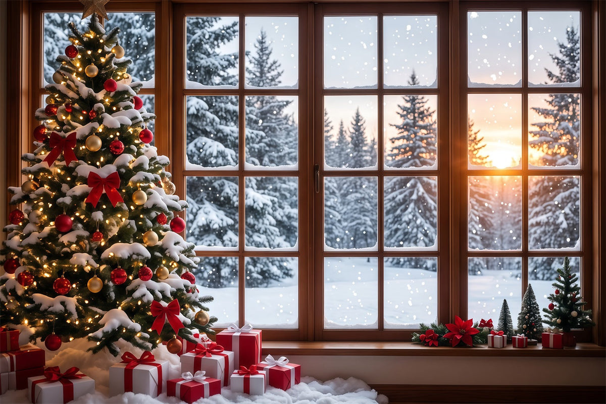 Weihnachtswald Hintergrund Verschneites Fenster Weihnachtsbaum Dekoration RR610-174