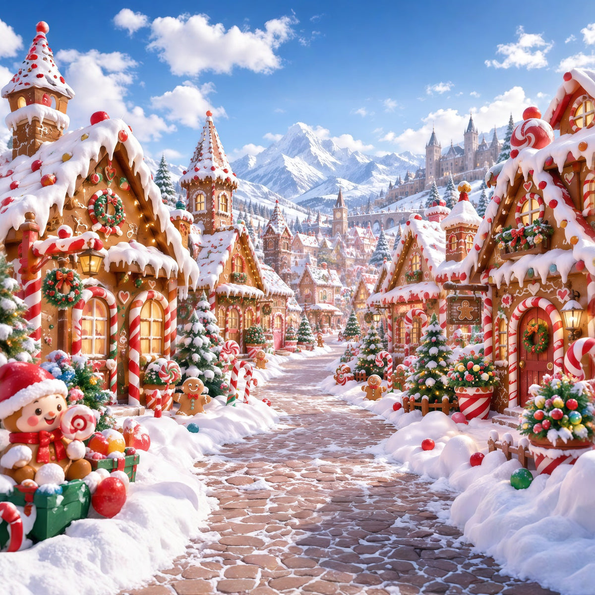 Weihnachtlicher Lebkuchen Hintergrund Verschneites Süßigkeiten Bergdorf RR610-176