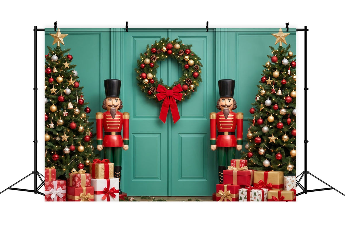 Weihnachtlicher Hintergrund Schleifenkranz Türkisfarbene Tür Nussknacker RR610-177