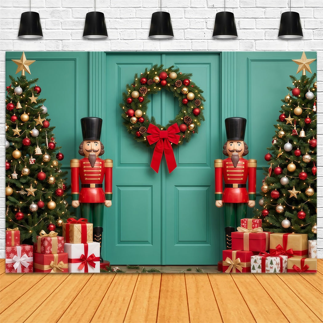 Weihnachtlicher Hintergrund Schleifenkranz Türkisfarbene Tür Nussknacker RR610-177