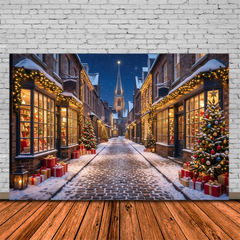 Weihnachtsdorf Hintergrund Verschneite Beleuchtete Einkaufsstraße RR610-180