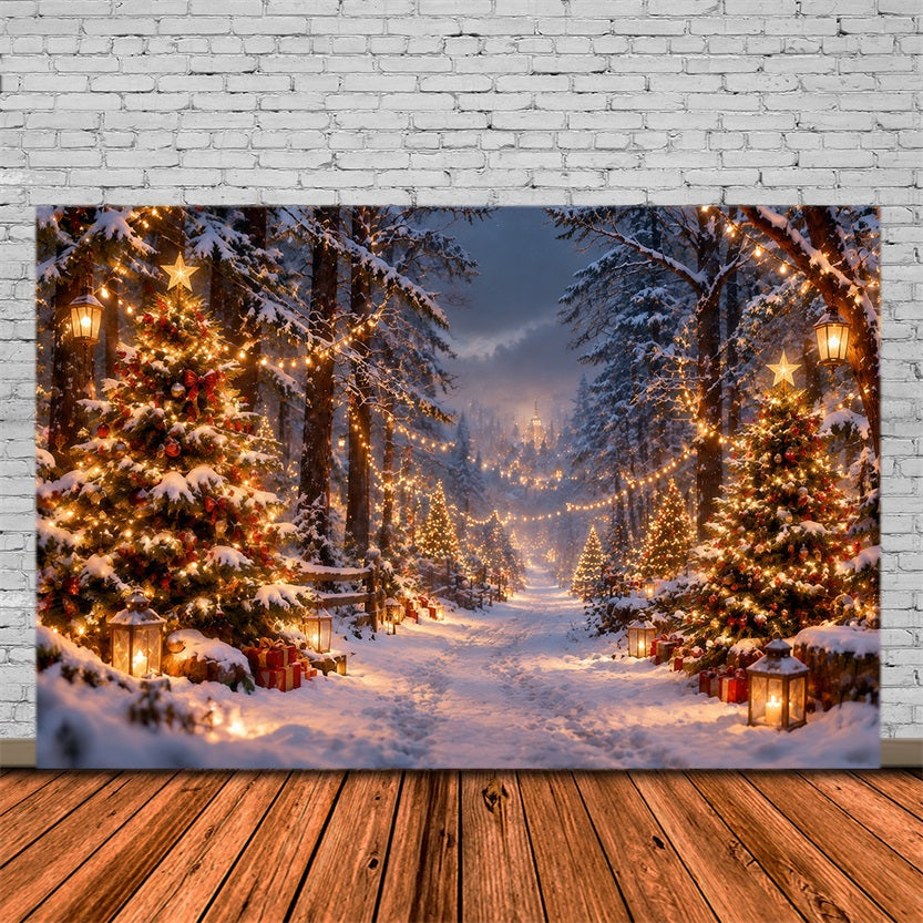Weihnachtsbaumfarm Fotohintergrund Verschneiter Leuchtender Waldweg RR610-181