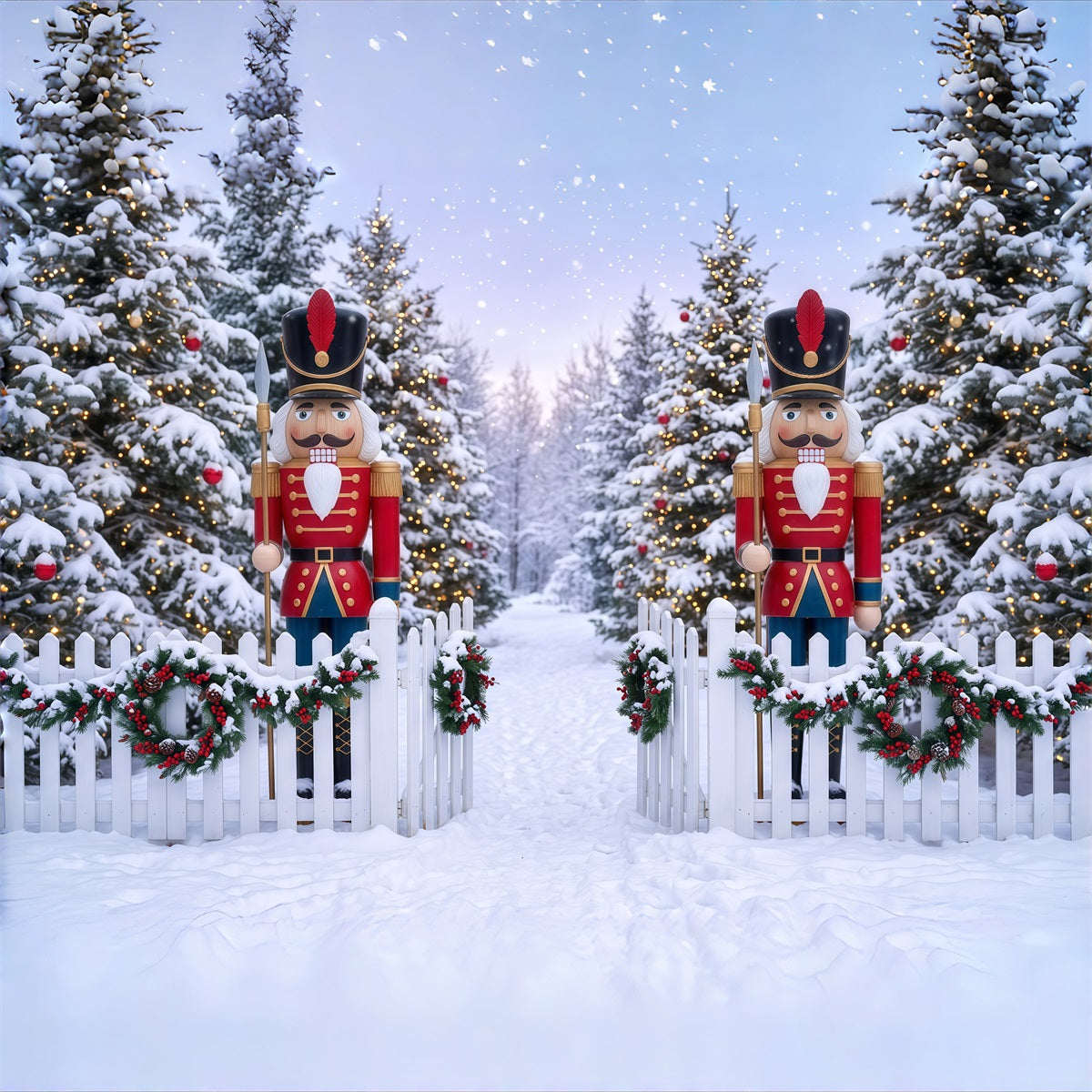 Weihnachtlicher Designhintergrund Verschneites Waldtor Nussknacker RR610-2
