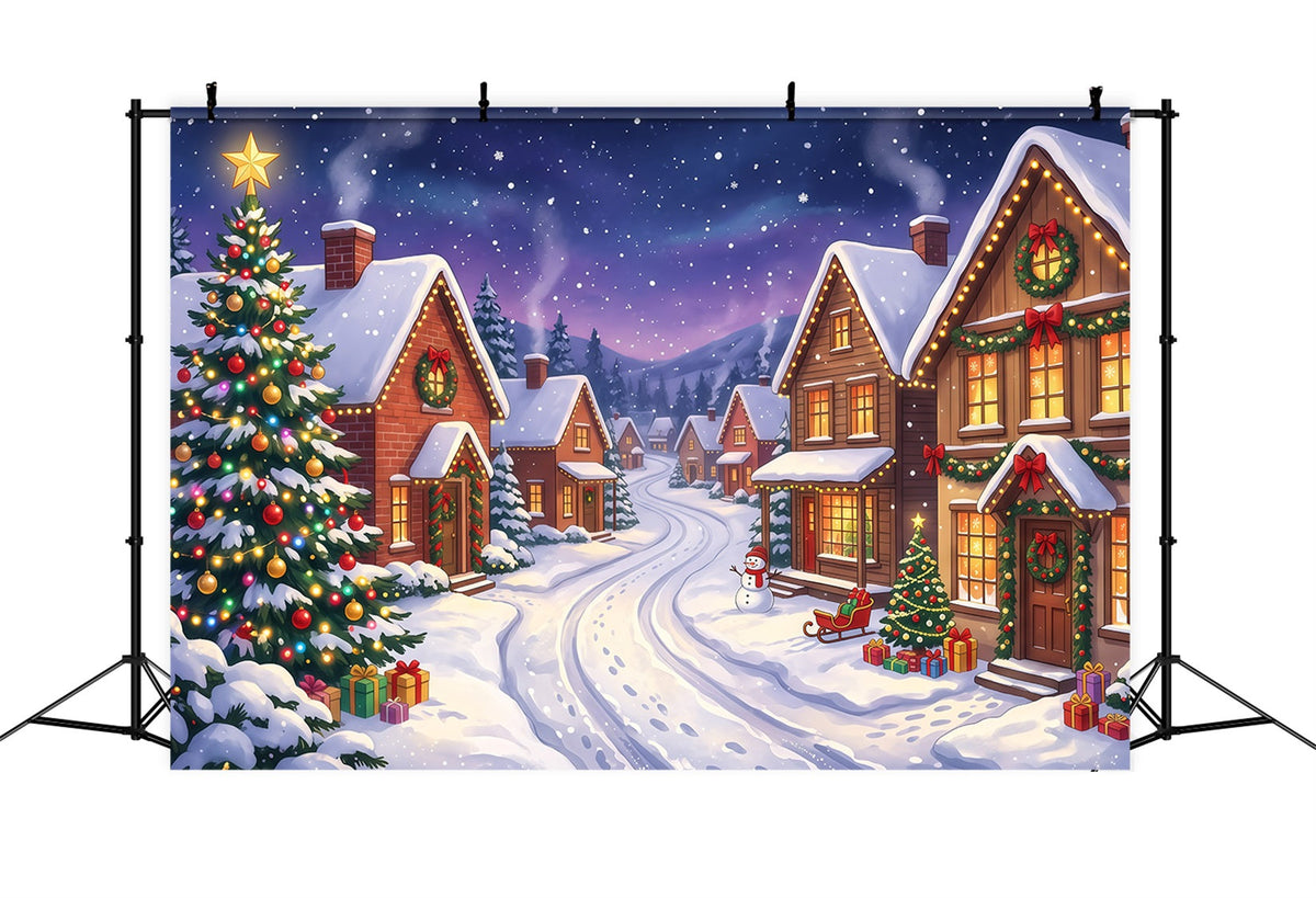 Weihnachtsdorf Hintergrund Verschneite Häuser Beleuchtete Straße RR610-24