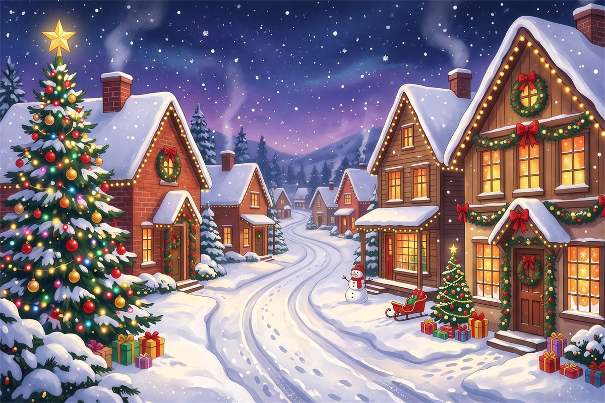 Weihnachtsdorf Hintergrund Verschneite Häuser Beleuchtete Straße RR610-24