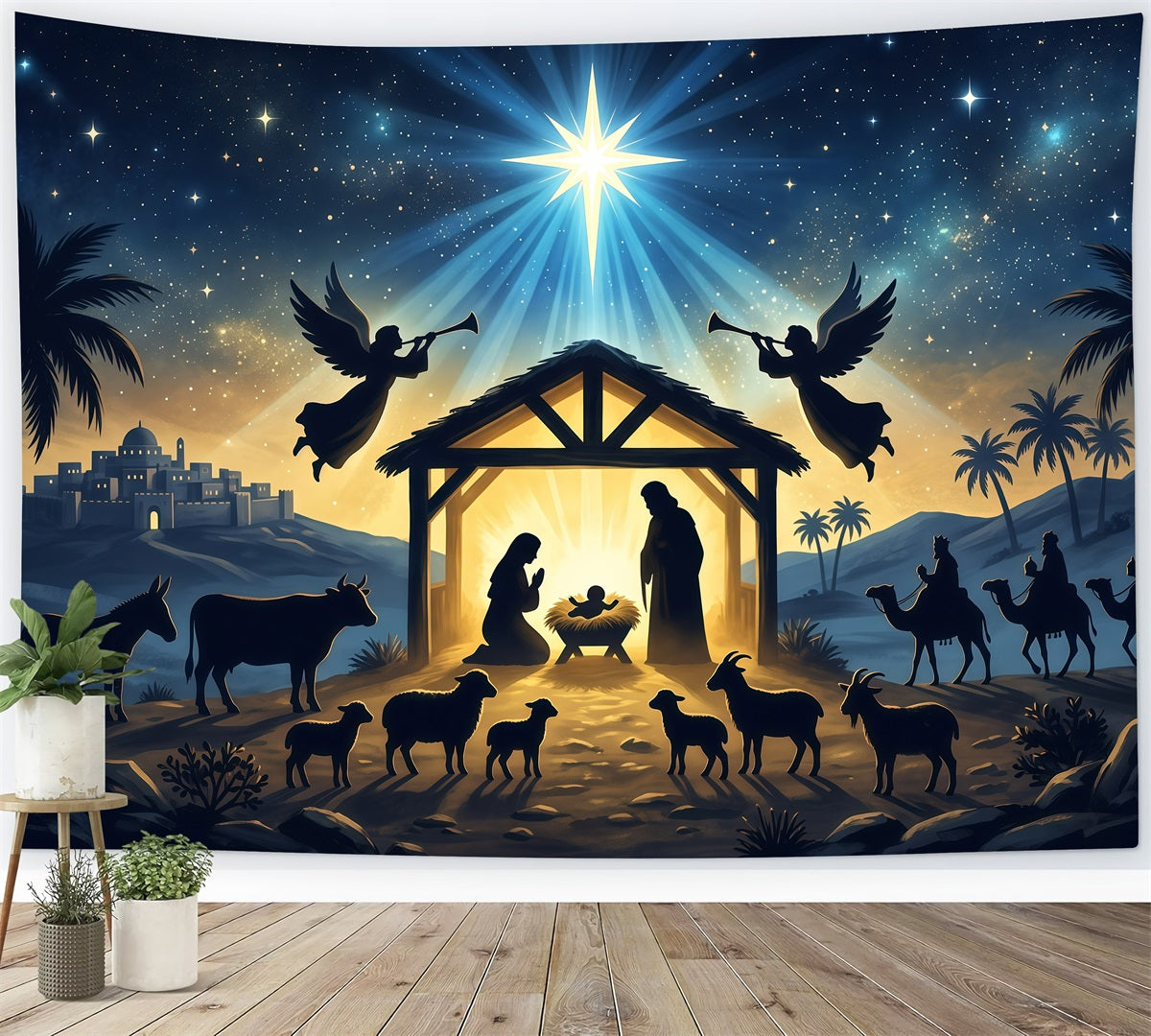 Kirchlicher Weihnachtshintergrund Strahlender Krippenstern Versammlung RR610-25