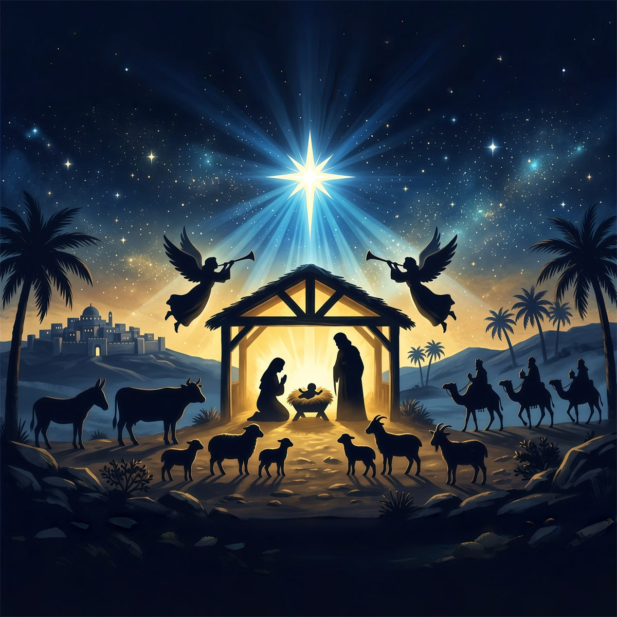 Kirchlicher Weihnachtshintergrund Strahlender Krippenstern Versammlung RR610-25