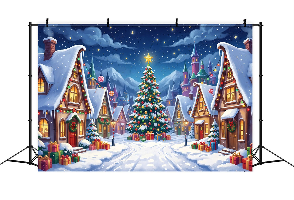 Weihnachtsdorf Fotohintergrund Verschneiter Süßigkeitenplatz RR610-26