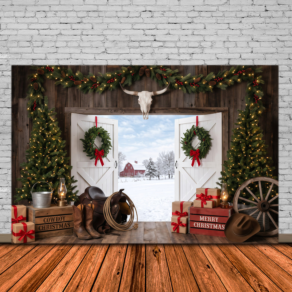 Ländlicher Weihnachtshintergrund Rustikaler Scheuneneingang Cowboy RR610-28
