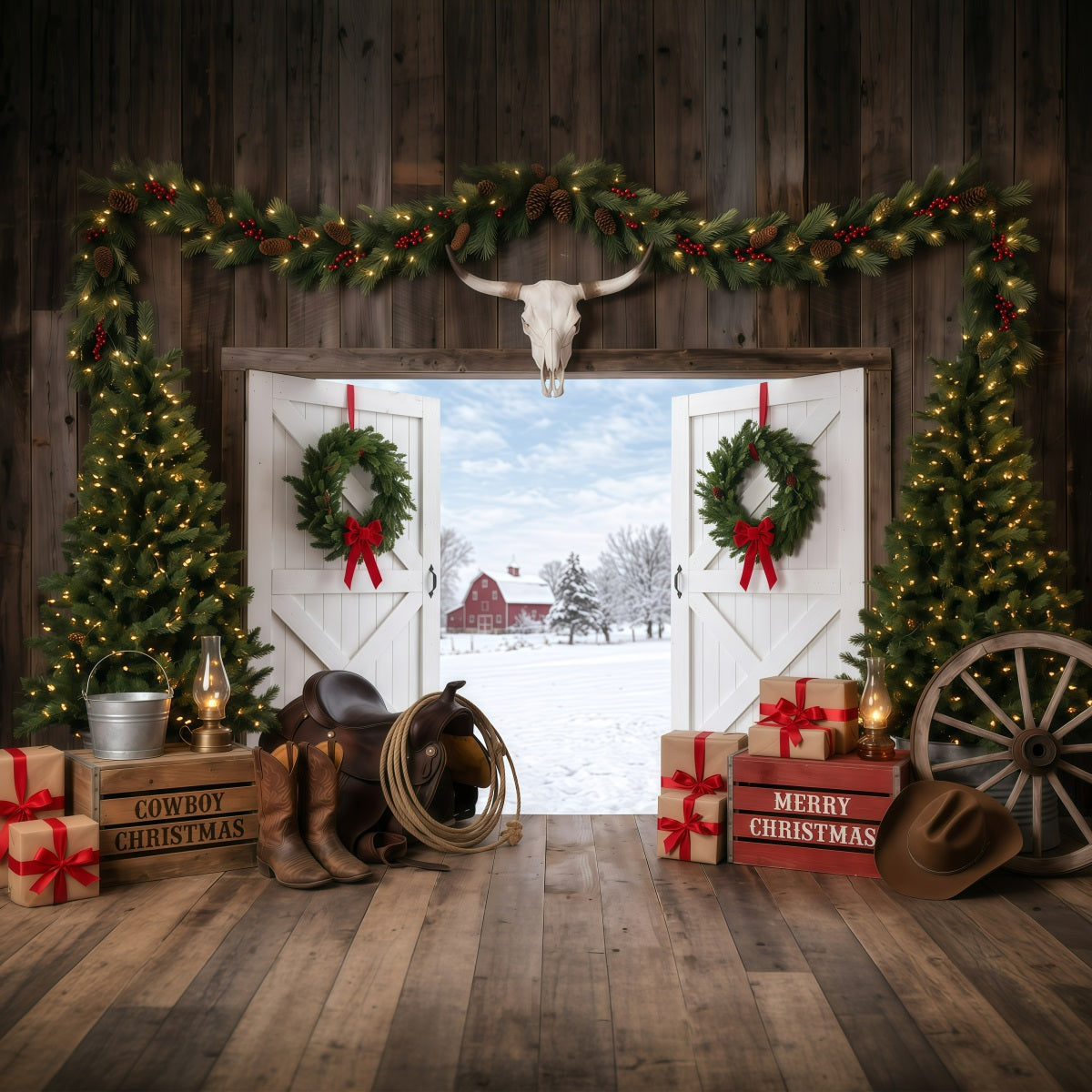 Ländlicher Weihnachtshintergrund Rustikaler Scheuneneingang Cowboy RR610-28