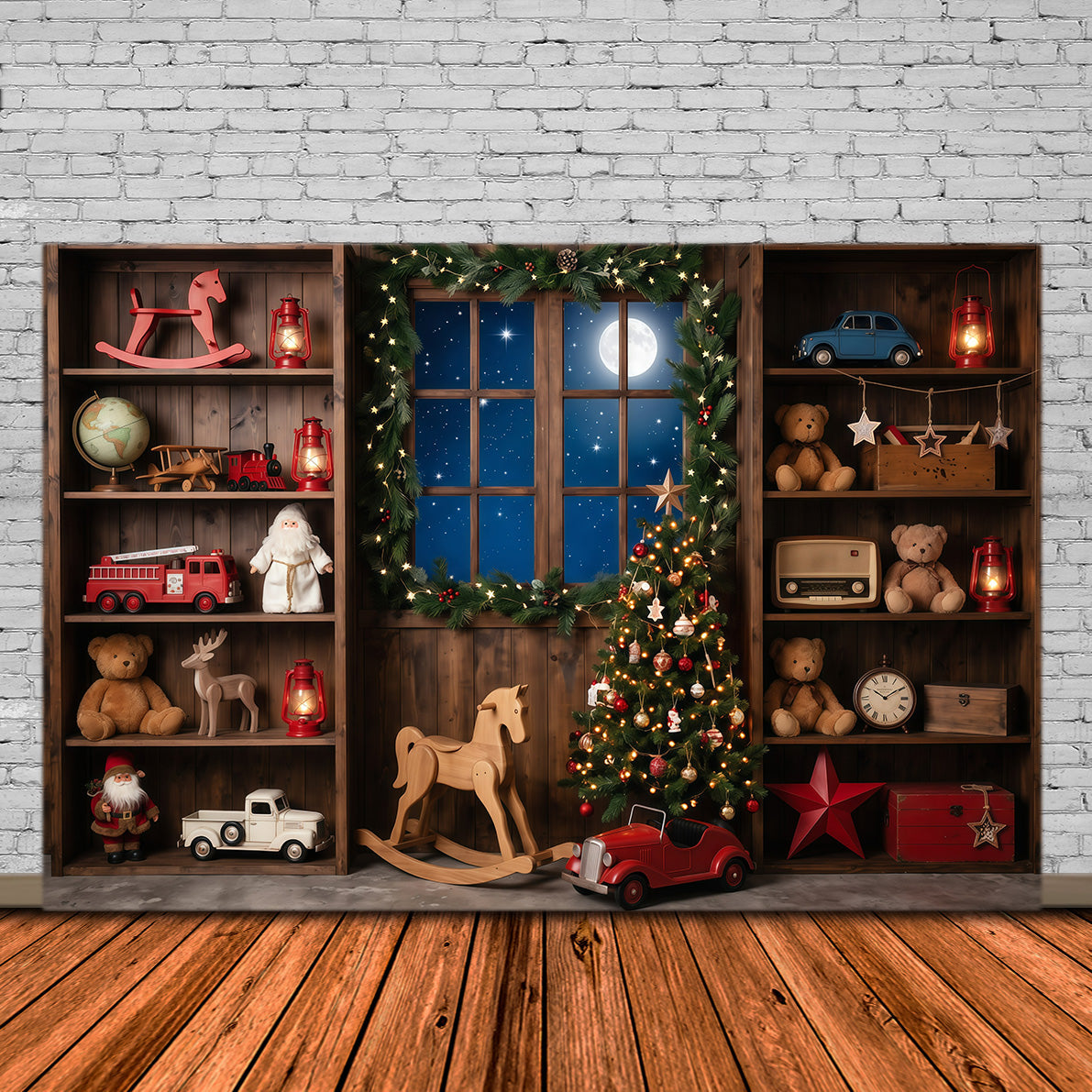 Weihnachtlicher Werkstatt Fotohintergrund Vintage Spielzeugwerkstatt Fenster Weihnachtslied RR610-29