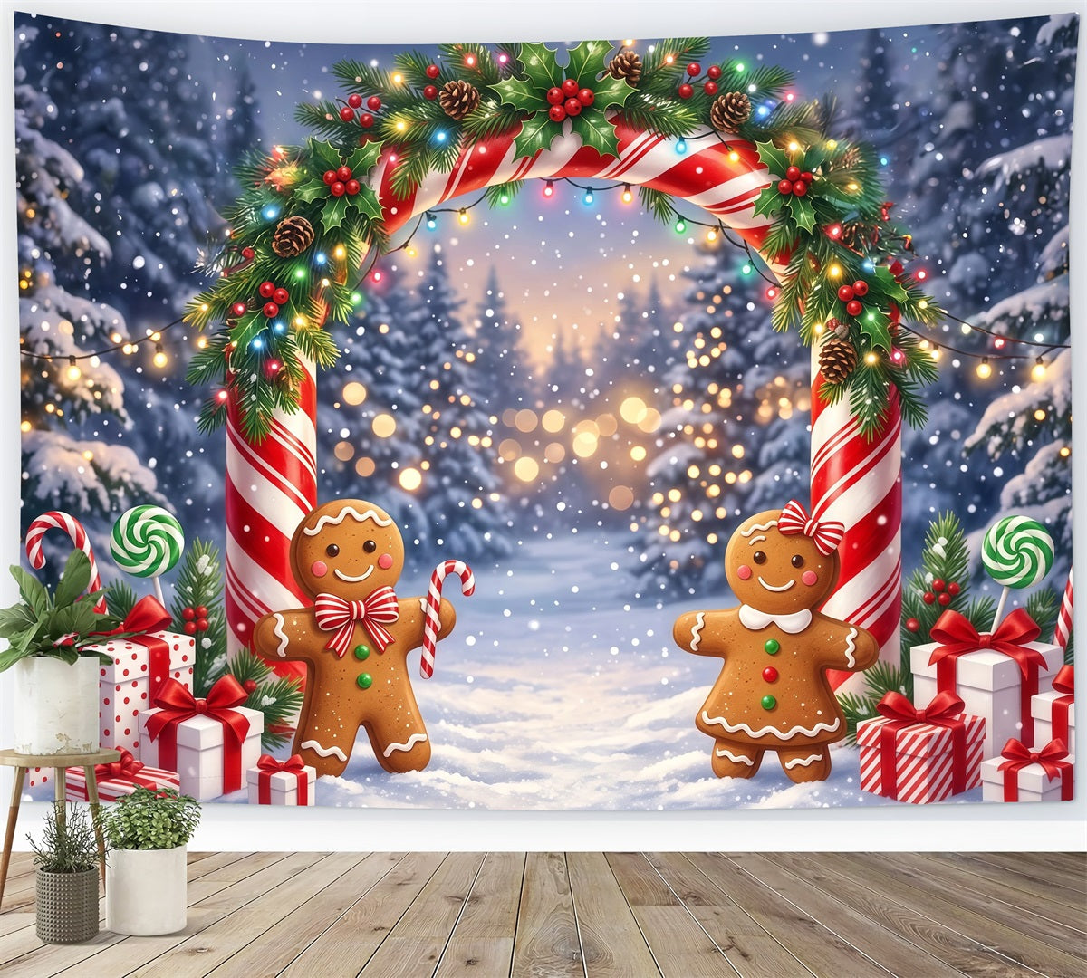 Lebkuchen Hintergrund Verschneiter Wald Nacht Bokeh Zuckerstange RR610-3