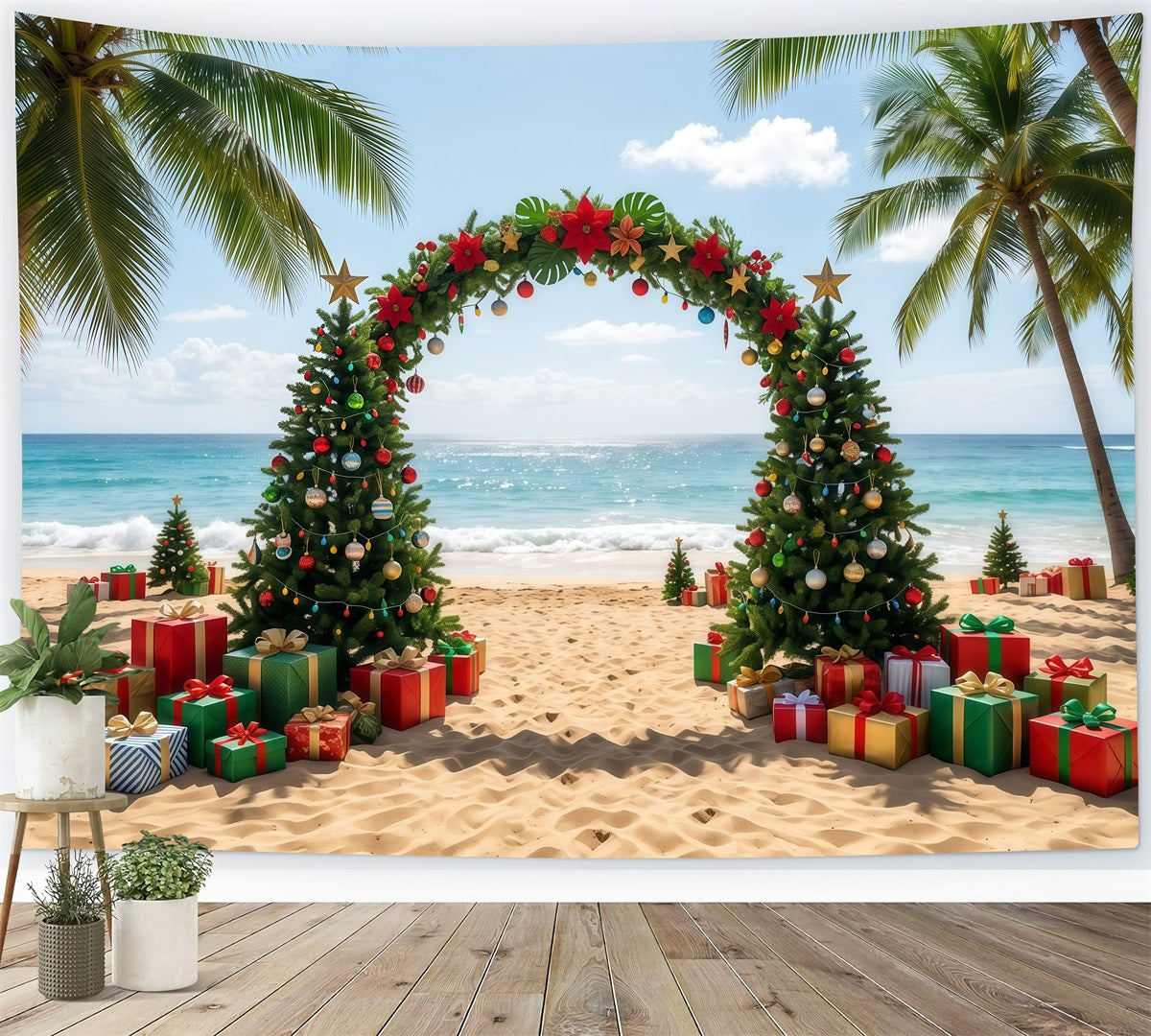 Tropischer Weihnachtshintergrund Strand Meer Weihnachtsbaum Bogen RR610-35