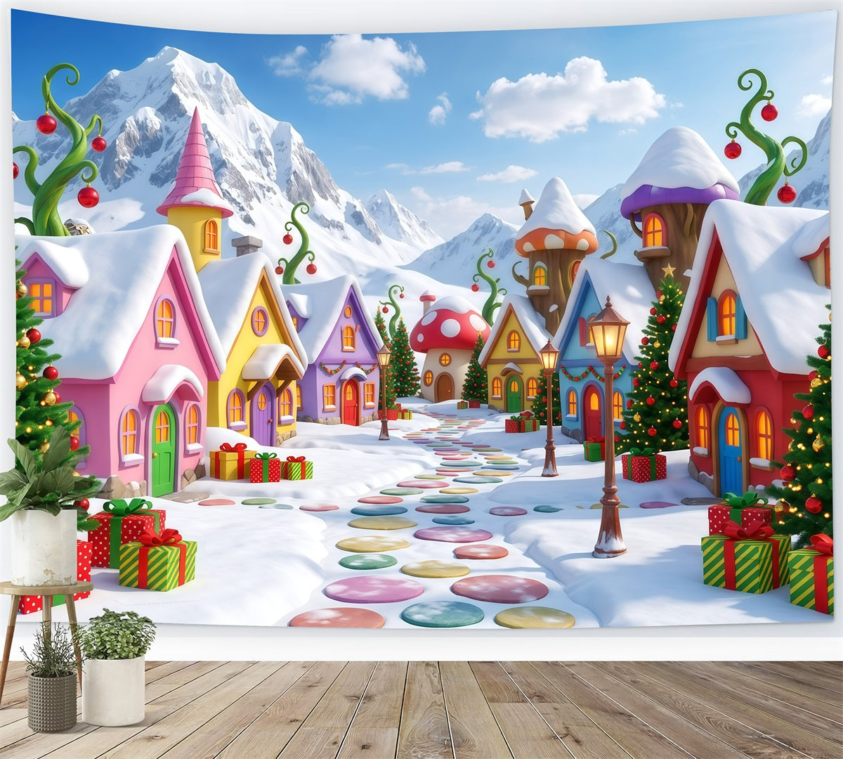 Weihnachtlicher Berghintergrund Verschneites Süßigkeitenhaus Dorf RR610-37