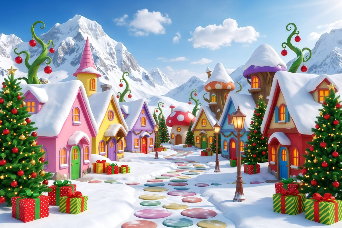 Weihnachtlicher Berghintergrund Verschneites Süßigkeitenhaus Dorf RR610-37