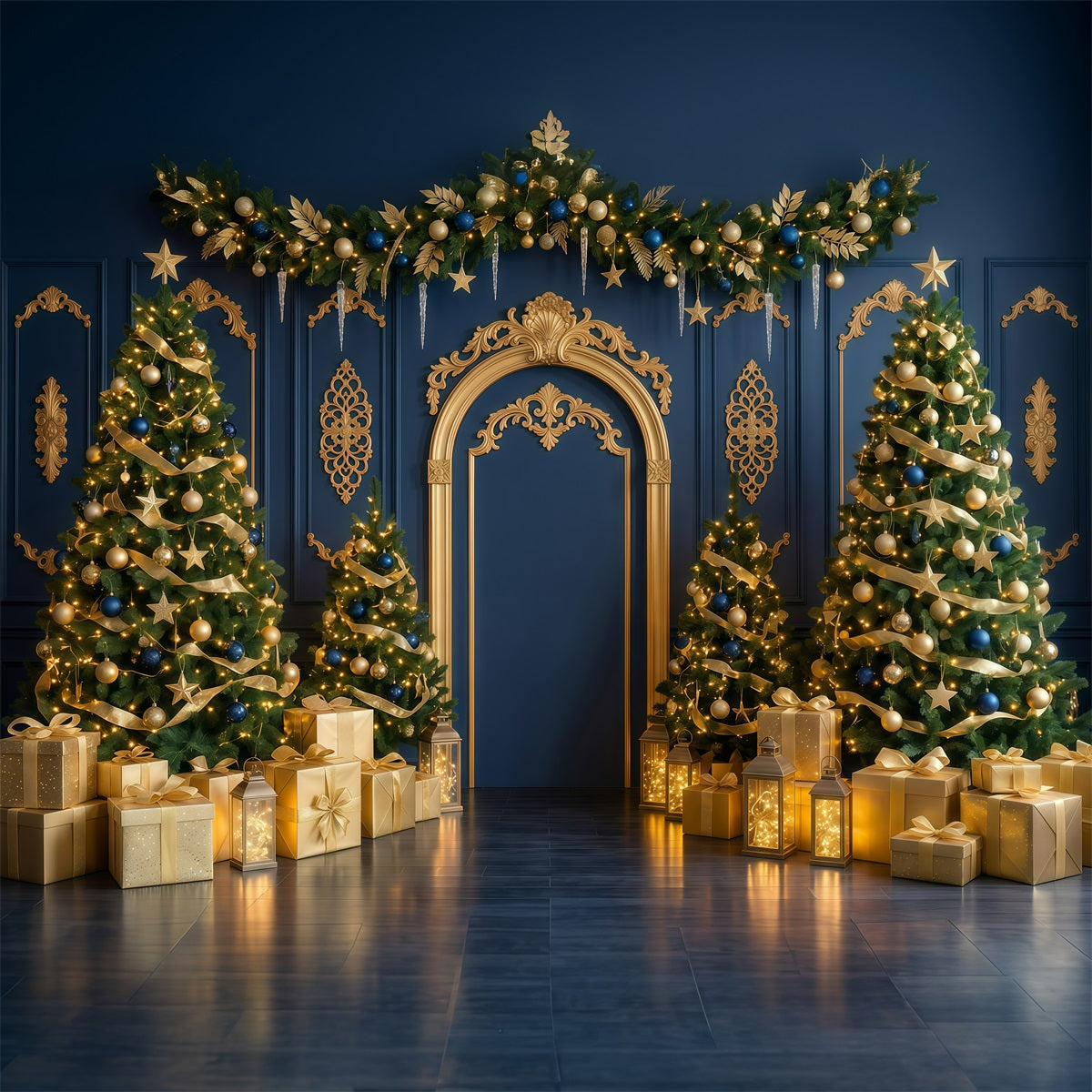 Hochwertiger Weihnachtshintergrund Marineblauer Goldener Torbogen RR610-43