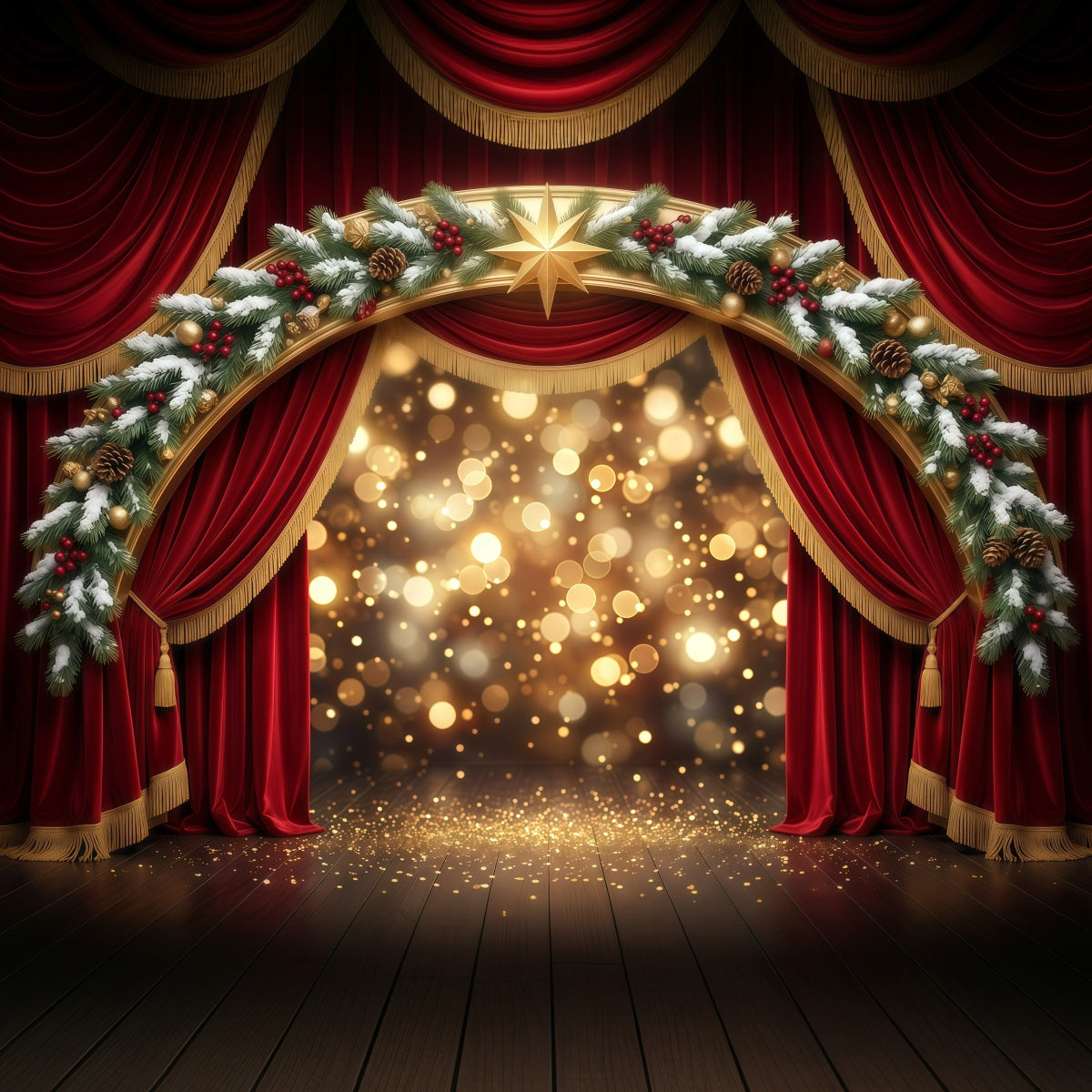Weihnachtlicher Bühnenhintergrund Roter Samt Goldener Torbogen RR610-46