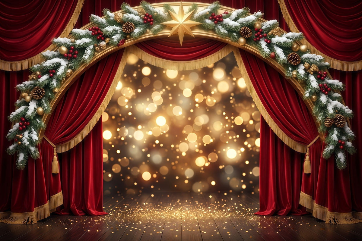 Weihnachtlicher Bühnenhintergrund Roter Samt Goldener Torbogen RR610-46