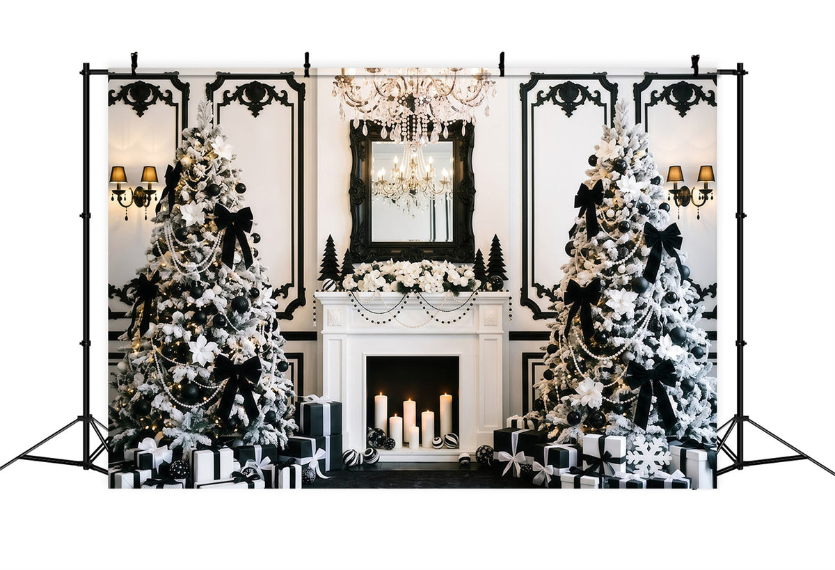 Schwarz-Weißer Weihnachtshintergrund Eleganter Kamin Lila Weihnachtsbaum RR610-49
