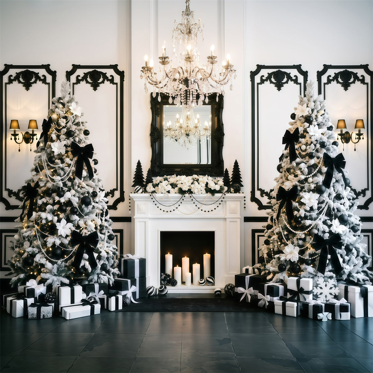Schwarz-Weißer Weihnachtshintergrund Eleganter Kamin Lila Weihnachtsbaum RR610-49