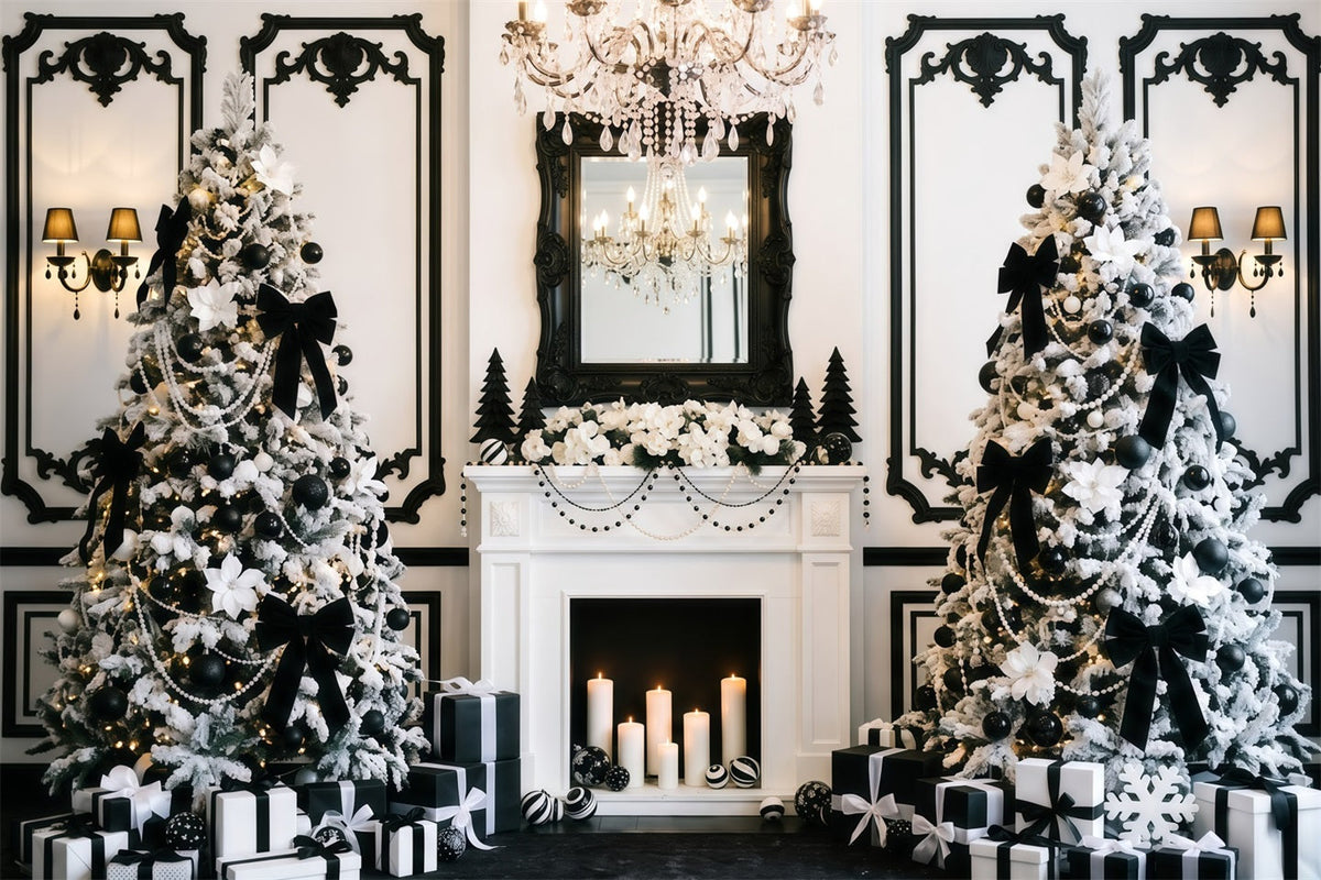 Schwarz-Weißer Weihnachtshintergrund Eleganter Kamin Lila Weihnachtsbaum RR610-49