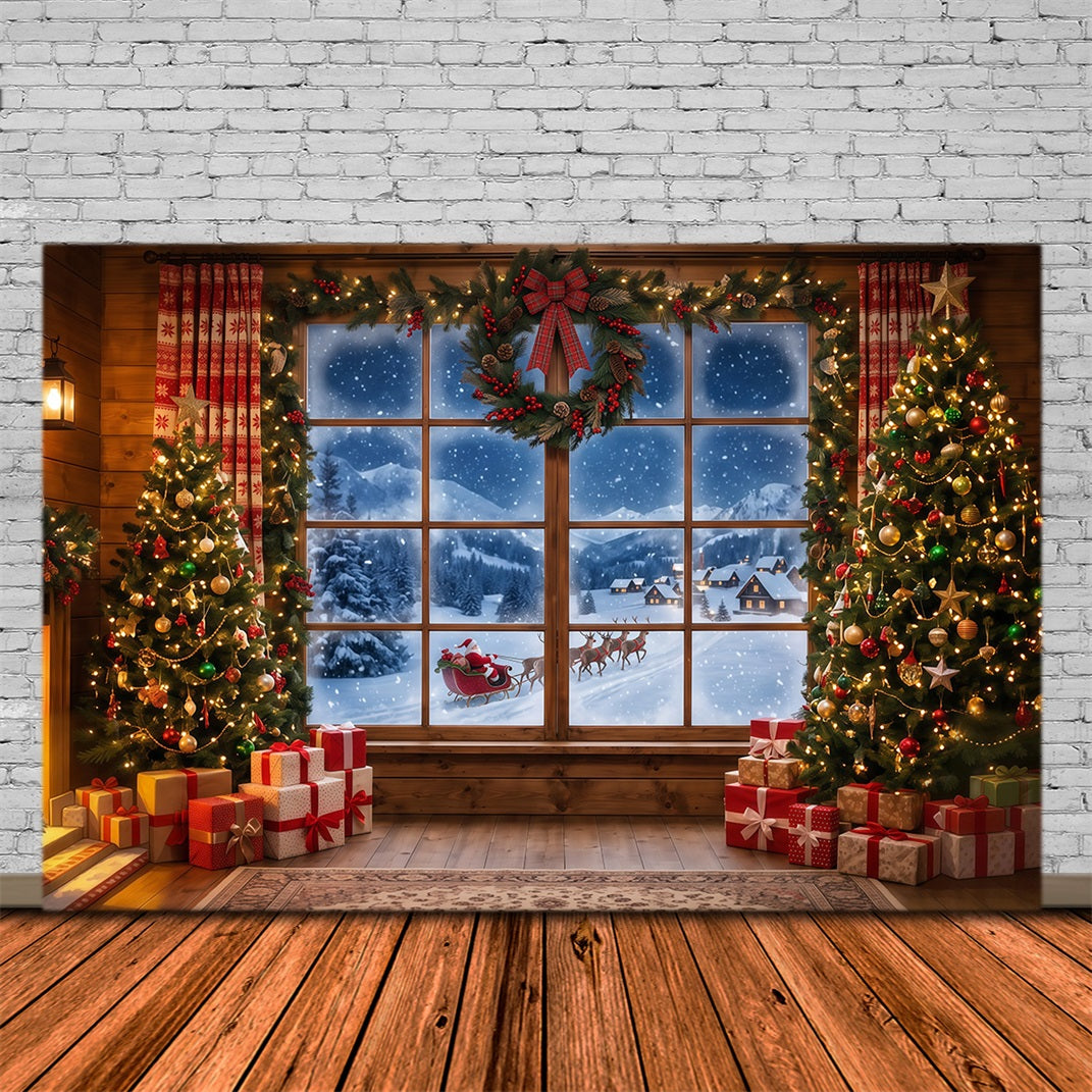 Santa-Hintergrund Verschneites Fenster Wald Schlitten RR610-53