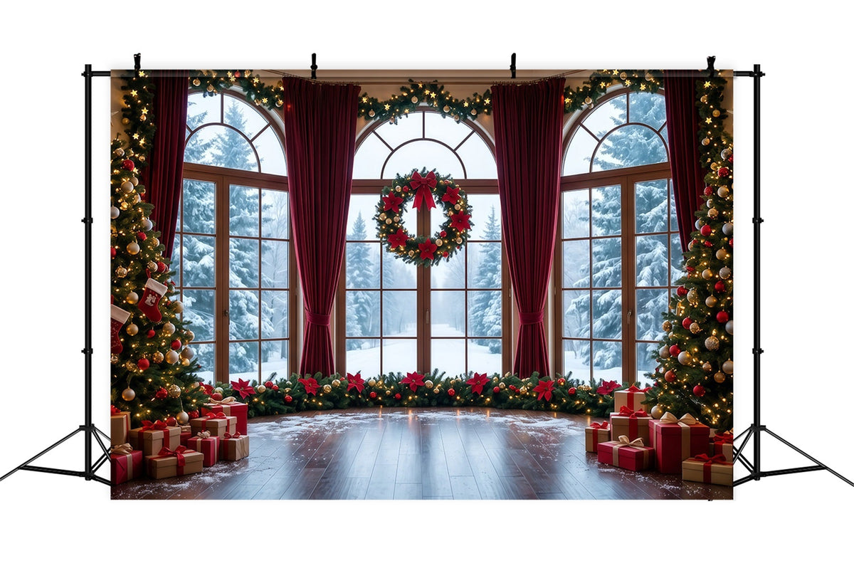 Weihnachtlicher Hintergrund Verschneites Fenster Kranzdekoration RR610-55