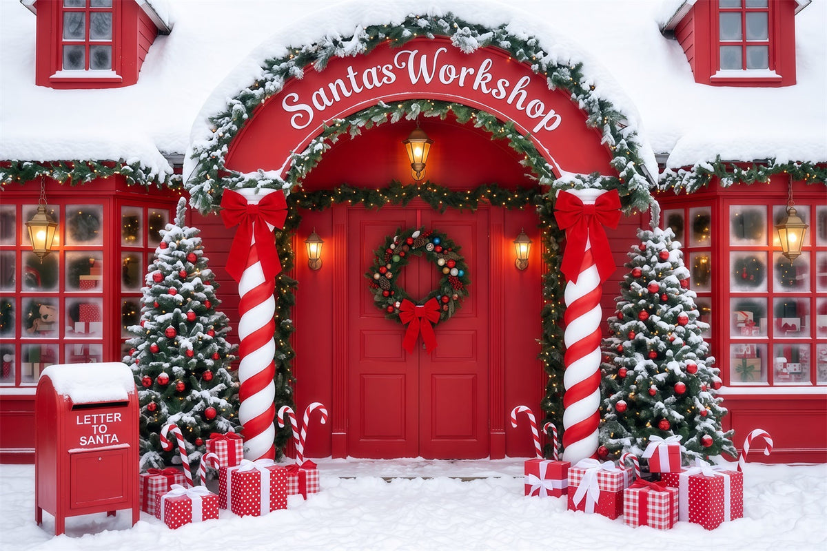 Weihnachtlicher Werkstatthintergrund Verschneite Zuckerstangentür Rot RR610-60