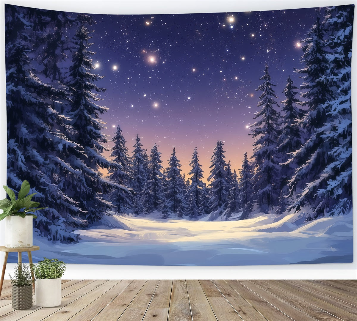 Weihnachtsbaum-Hintergrund Sternenbeleuchteter Verschneiter Kiefernwald RR610-62