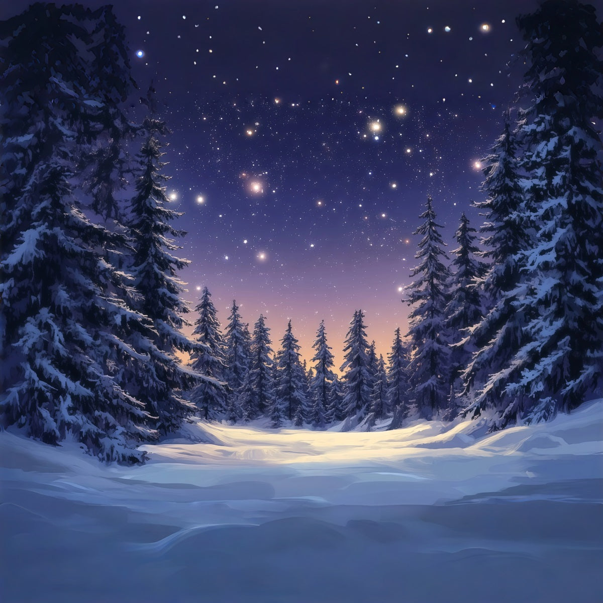Weihnachtsbaum-Hintergrund Sternenbeleuchteter Verschneiter Kiefernwald RR610-62