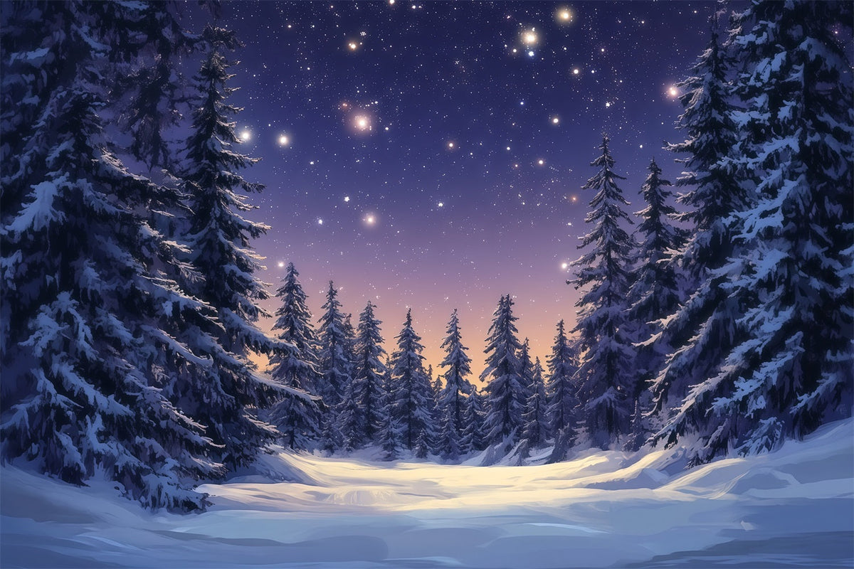 Weihnachtsbaum-Hintergrund Sternenbeleuchteter Verschneiter Kiefernwald RR610-62