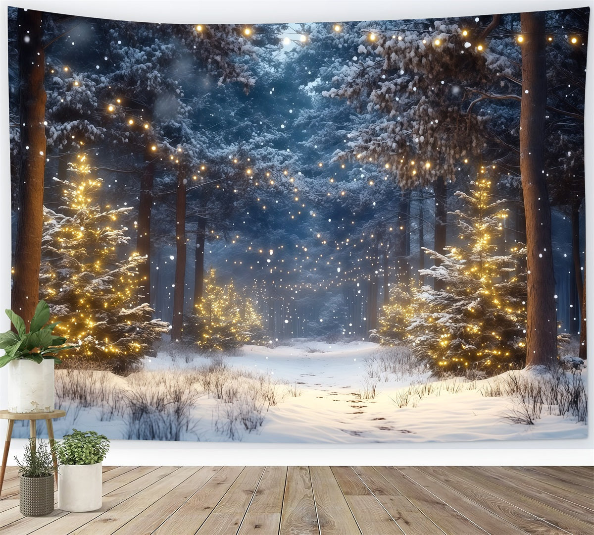 Weihnachtsbaumfarm-Hintergrund Verschneiter Wald Goldene Lichter RR610-66
