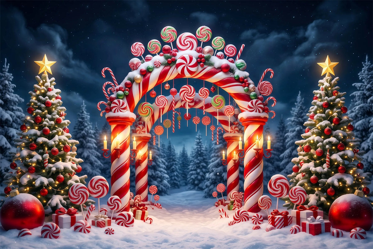 Weihnachtlicher Zuckerstangen-Hintergrund Verschneiter Wald Süßigkeitenbogen RR610-68