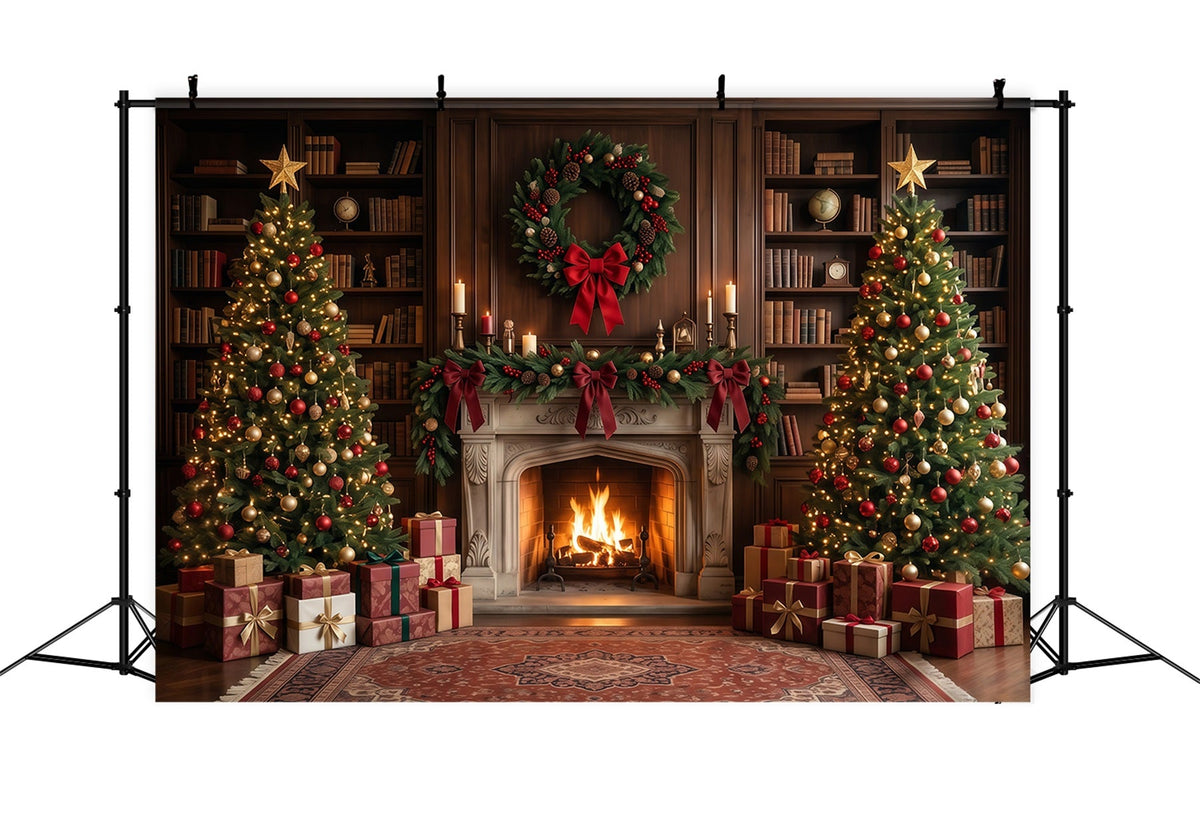 Weihnachtlicher Fotohintergrund Elegante Bibliothek Kamin-Dekoration RR610-71