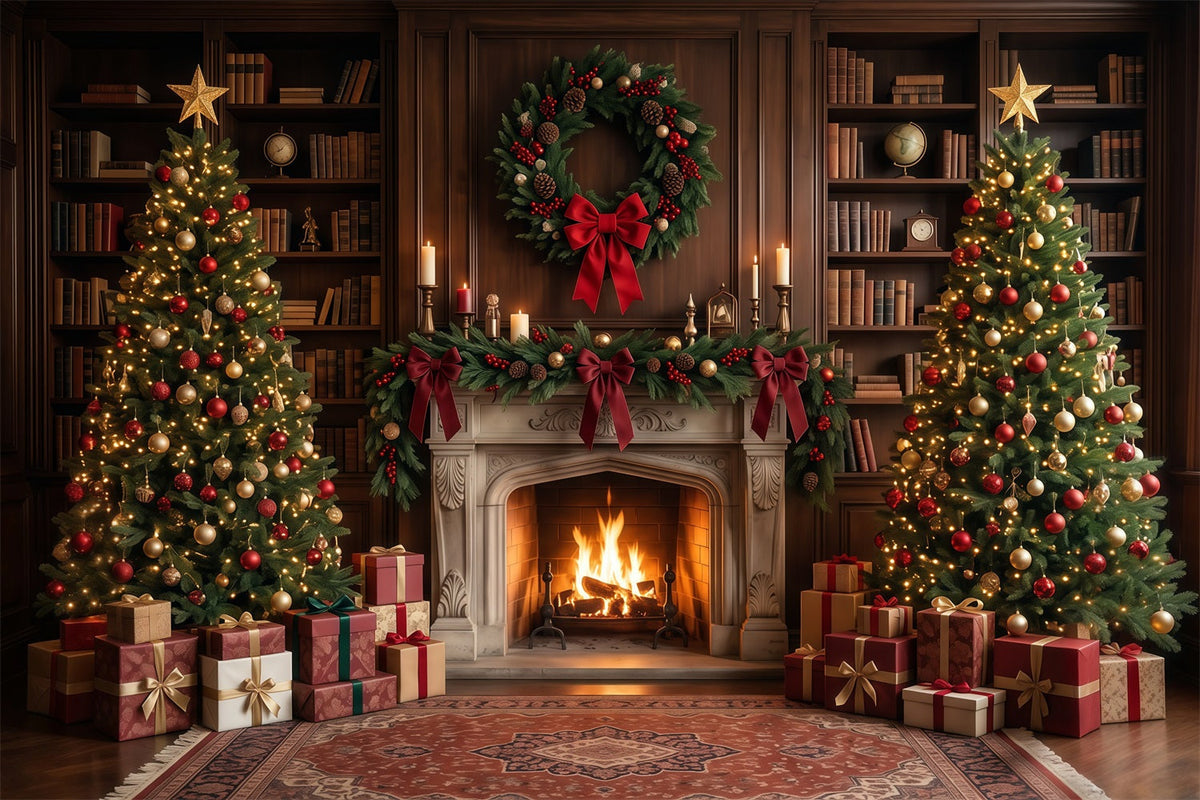 Weihnachtlicher Fotohintergrund Elegante Bibliothek Kamin-Dekoration RR610-71