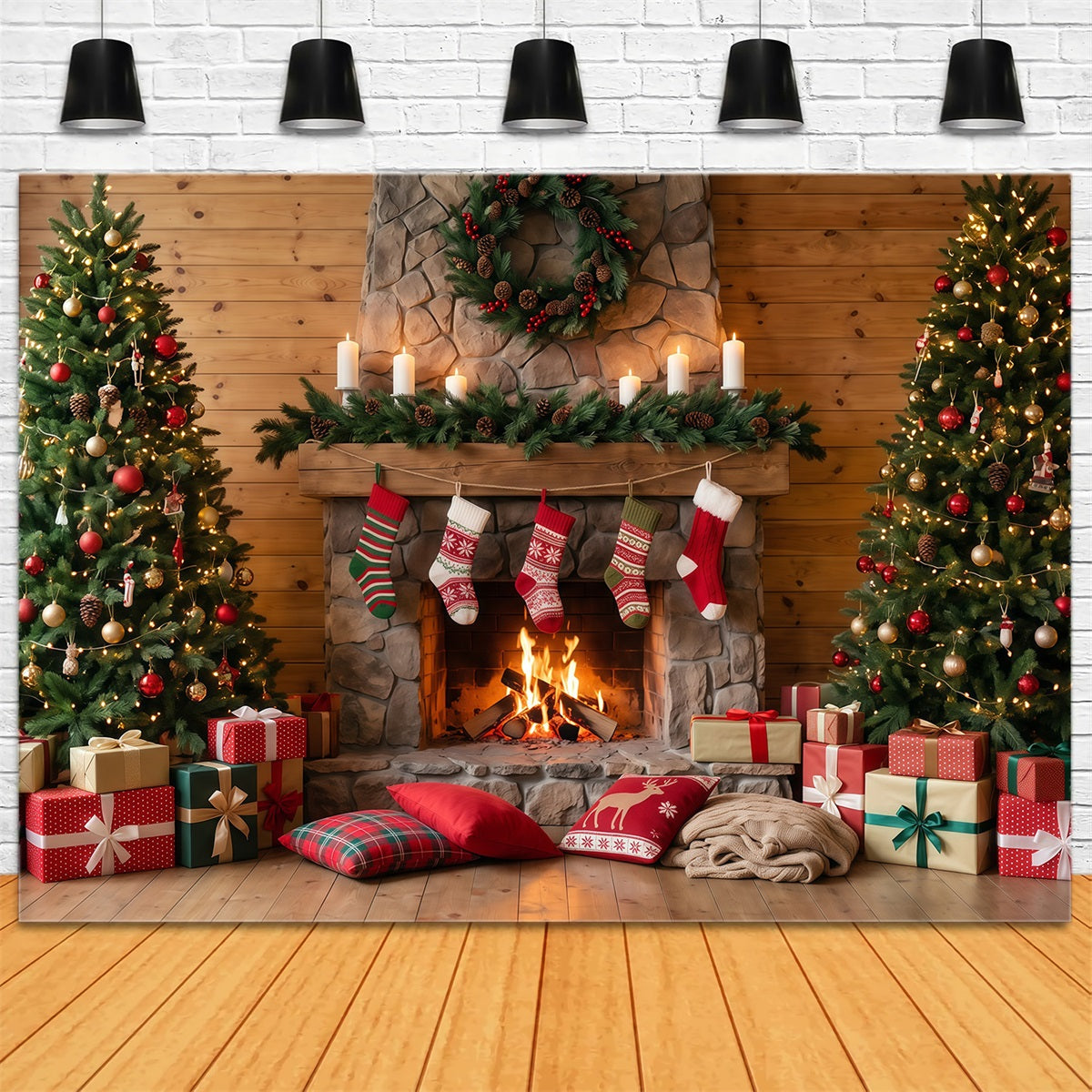 Weihnachtskamin-Hintergrund Rustikaler Steinkamin Weihnachtssocken RR610-74