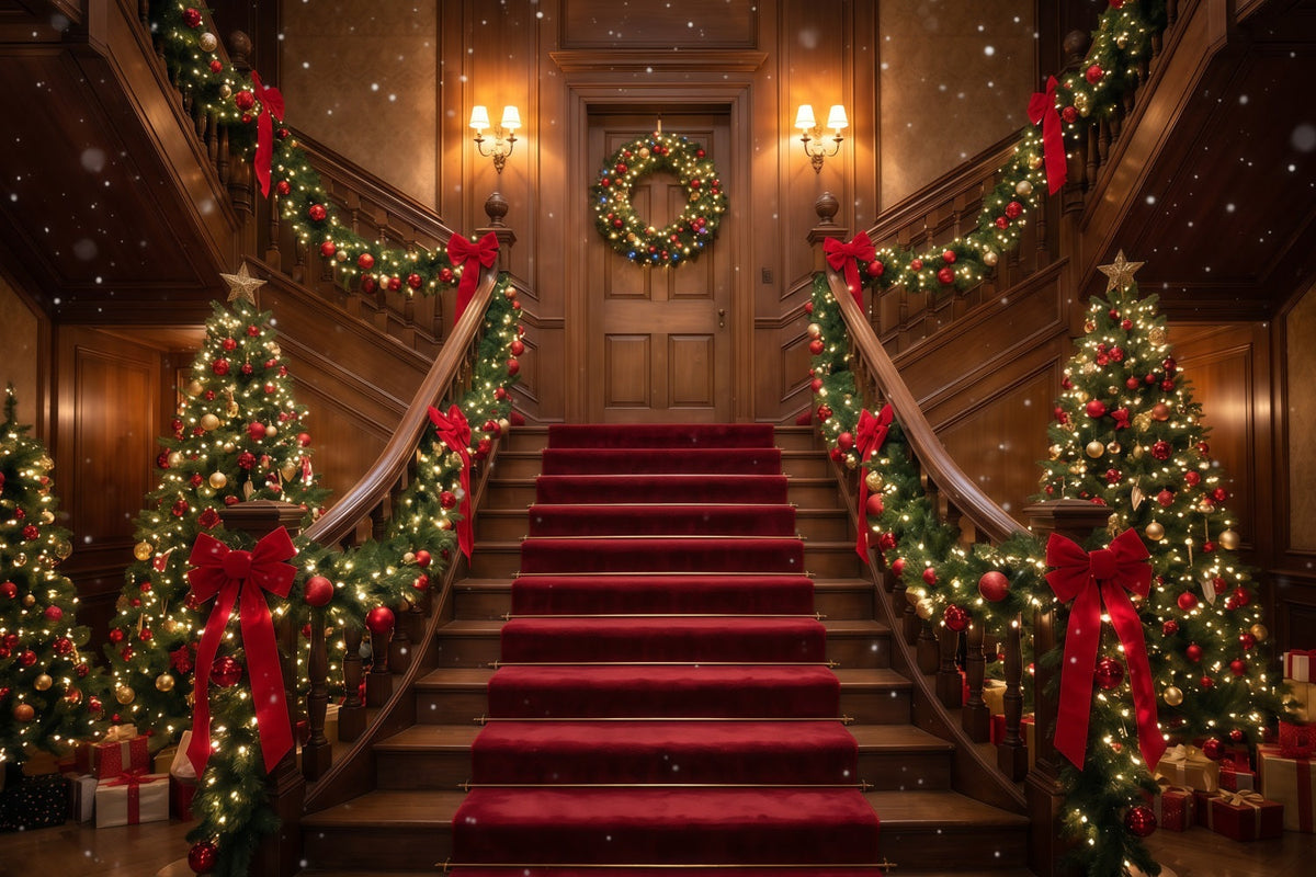 Weihnachtlicher Szenenhintergrund Burgunderrote Treppe Girlandendekoration RR610-75