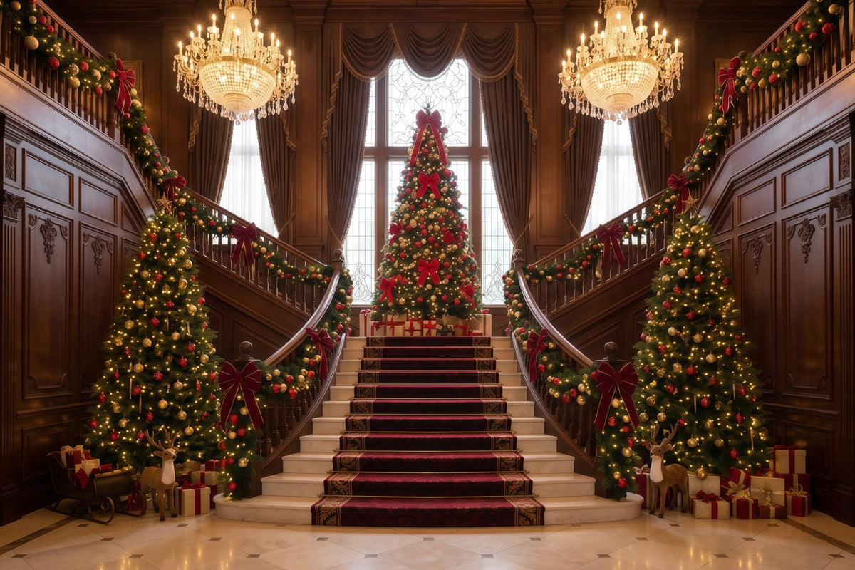 Weihnachtlicher Wohnzimmerhintergrund Große Treppe Immergrüne Dekoration RR610-78