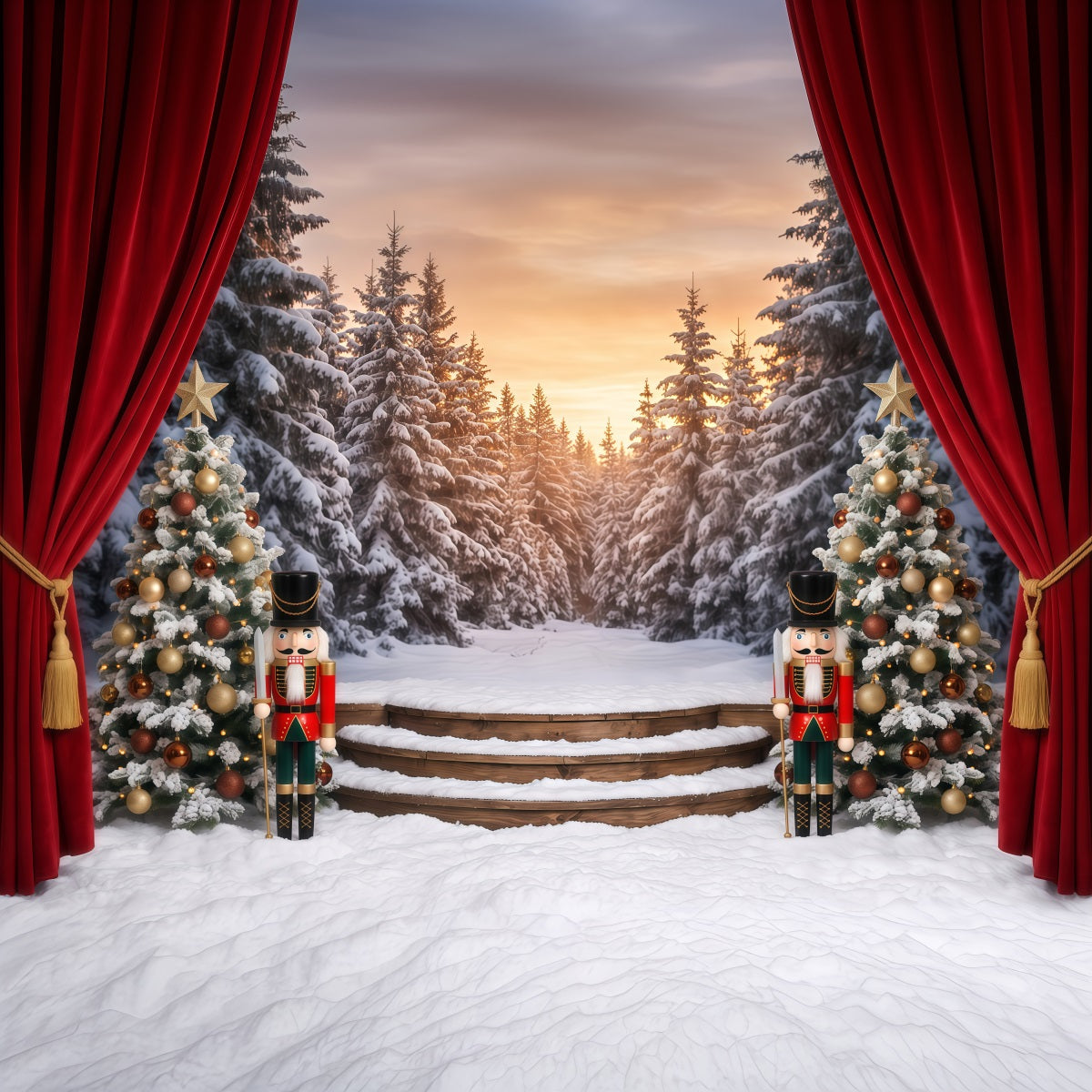 Weihnachtlicher Themenhintergrund Verschneiter Wald Bühnenvorhang Nussknacker RR610-79